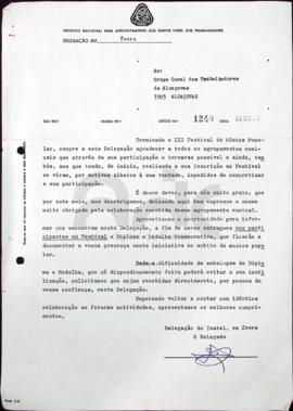 Oficio da Delegação de Évora do INATEL s/refª Of.nº1240